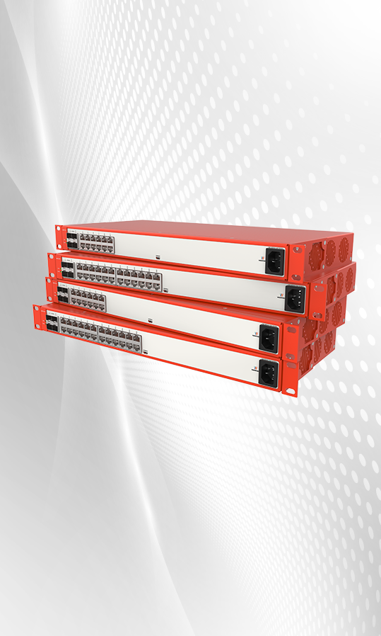 Orangefarbene und weiße Waystream-Schalter, Serie 7500, vor einem hellgrauen abstrakten Hintergrund.