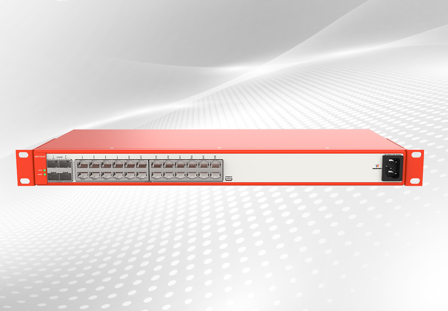 Orange and white Waystream switch, model 7524, in front of a light grey abstract background.