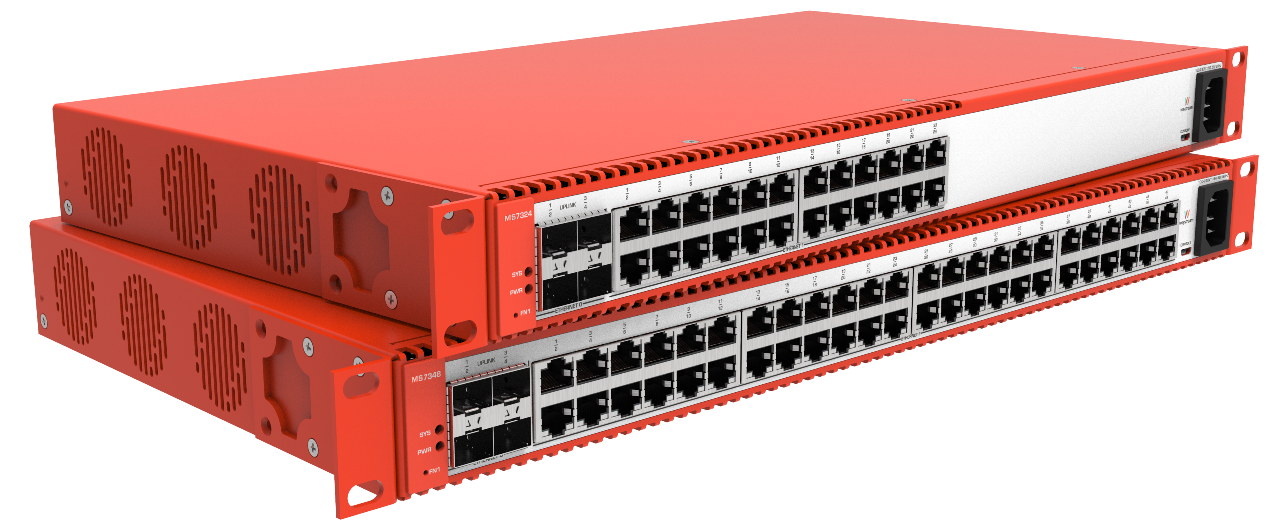 Two orange and white Waystream access switches, models MS7324 and MS7348 with transparent background.