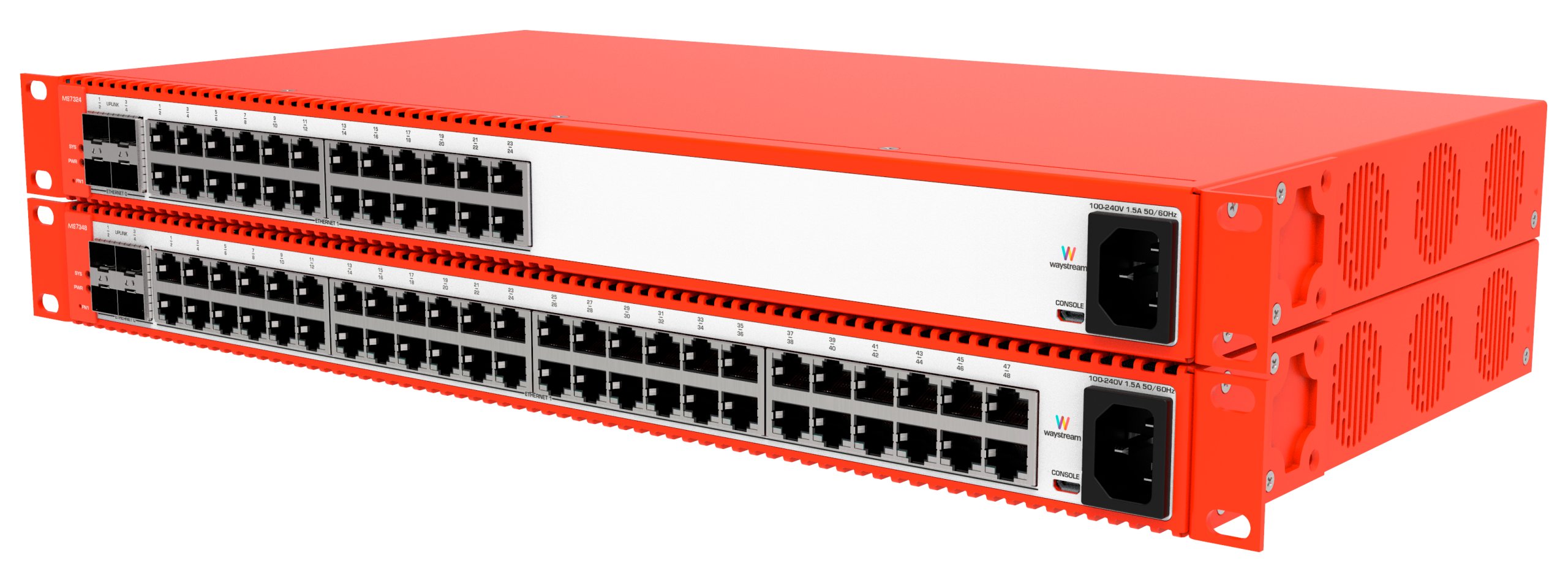 Two orange and white Waystream access switches, model MS7324 and MS7348 with transparent background.