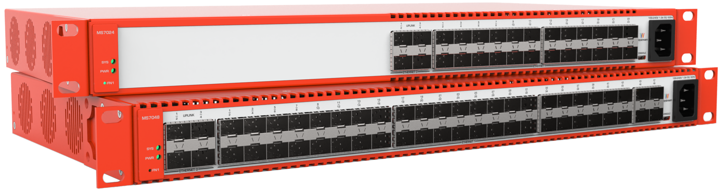 Two orange and white Waystream access switches, models MS7024 and MS7048 with transparent background.