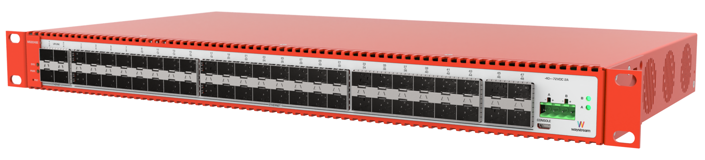 One orange and white Waystream access switch, model MS8048 with transparent background.