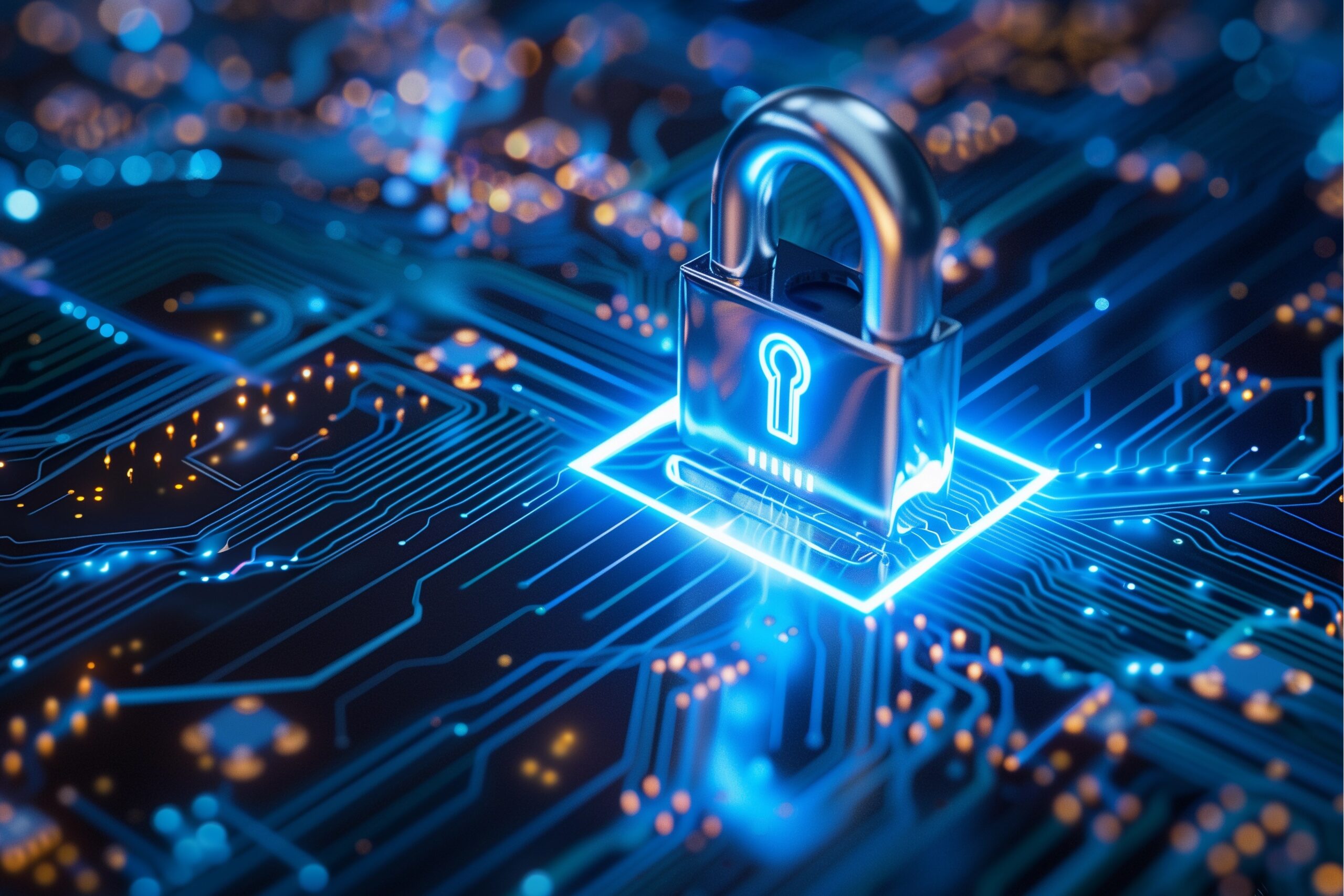 Ein digitales Vorhängeschloss, das auf einer Leiterplatte leuchtet und für Cybersicherheit und Datenschutz steht.